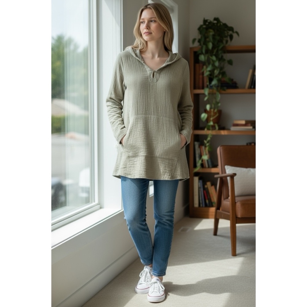 J. Jill Sage Green Cotton Gauze Tunic Hoodie Small Lagenlook Pocket Top